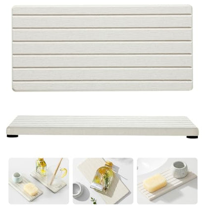 2 Pack Greige Bathroom Sink Vanity Trays, Diatomite Stone Kitchen Counter Caddy Dish Soap Dispenser Sponge Holder, Water Absorbing Mat Organizer for Plant,Cosmetic Bottle, Beige, 8"x3.8" - color: 2pcs - 8"x 3.8" - Beige