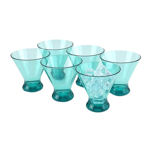 Set of 6 Plastic Stemless Martini Glasses 9 oz, Heavy Base Stable Cocktail/Drink/Juice/Red Wine Glasses, Fits Ice Cream/Milkshakes, Dishwasher Safe, Ideal for Home Party (Teal) - color: Teal