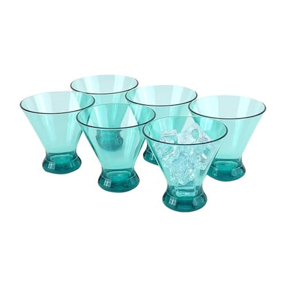 Set of 6 Plastic Stemless Martini Glasses 9 oz, Heavy Base Stable Cocktail/Drink/Juice/Red Wine Glasses, Fits Ice Cream/Milkshakes, Dishwasher Safe, Ideal for Home Party (Teal) - color: Teal