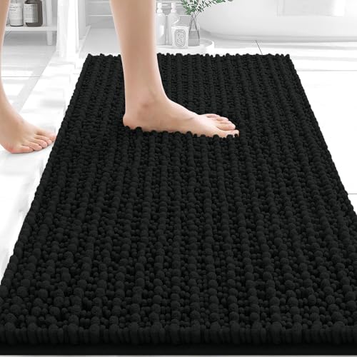 OLANLY Bathroom Rugs 30x20, Thick Soft Absorbent Chenille Bath Rugs | Black, Shaggy Bath Mat with Quick-Drying Rubber Backing, Machine Washable for Floor, Tub and Shower, Home Decor Accessories - color: Black, size: 30" x 20"
