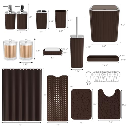 XLHOMO 26PC Bathroom Accessories Set - Gorgeous Brown Bathroom Set, Bathroom Accessory Set, Shower Curtain Set with Bathtub Mats for Shower Tub, Trash Can & Soap Dispenser - size: Bath Set+Bathtub Mat+Shower Curtain&Rugs, style: Brown&Silver