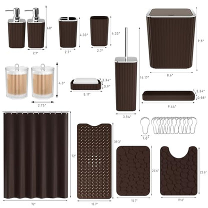 XLHOMO 26PC Bathroom Accessories Set - Gorgeous Brown Bathroom Set, Bathroom Accessory Set, Shower Curtain Set with Bathtub Mats for Shower Tub, Trash Can & Soap Dispenser - size: Bath Set+Bathtub Mat+Shower Curtain&Rugs, style: Brown&Silver