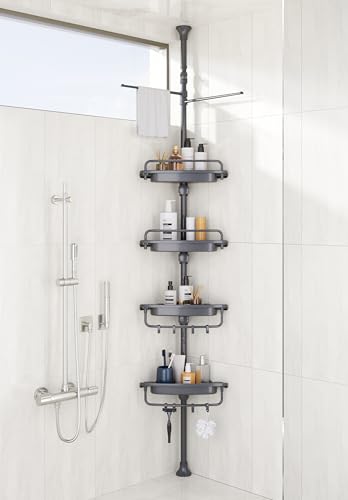 XLHOMO 32-122inch Corner Shower Caddy Tension Pole Grey, Rustproof Drill-Free Shower Shelves for Bathroom Bathtub Washbasin, Adjustable Shower Organizer with 4 Tier Patent Stable Shelves & Towel Bars - color: Grey