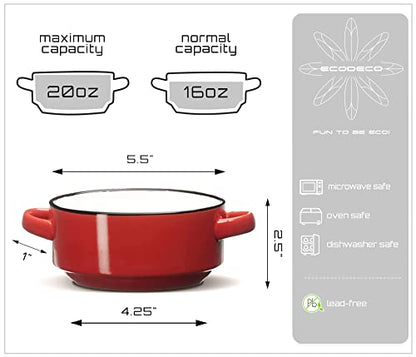 ECODECO Ceramic Soup Bowls with Handles – Set of 2 (16 oz) – Red | Oven & Microwave Safe – Gift Boxed – Ideal for French Onion Soup, Baked Meals & Housewarming Gifts - color: Red