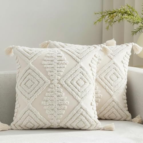 Boho Pillow Covers, 20x20 Bohemian Cushion Cases,Set of 2 Textured Moroccan Throw Pillows,Decorative Farmhouse Neutral Spring Pillowcases for Couch Sofa Bedroom Living Room Home Decor White - color: Set of 2 Cream, size: 20" x 20" (Pack of 1)