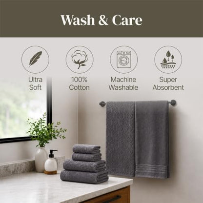 Modern Threads 6 Piece Cotton Bath Towel Set – Ultra Soft 550 GSM Towels – Bathroom Set with Hand Towels and Washcloths – Geometric (Charcoal) - color: Charcoal, size: Standard, style: Geometric
