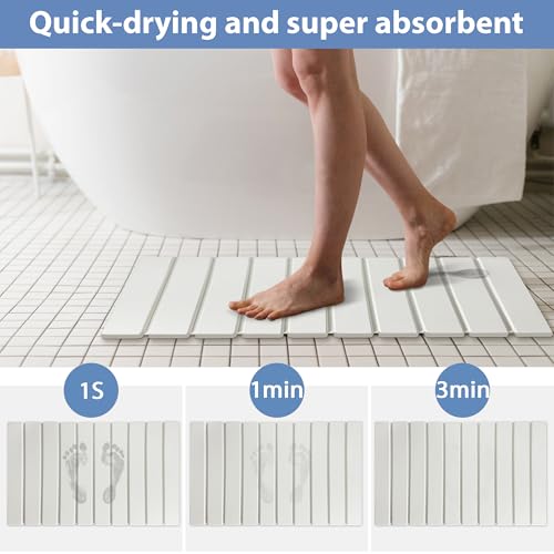 Foldable Stone Bath Mat Quick Drying Diatomaceous Earth Rubber Backing | 23.6 x 15.4 inch, Non-Slip Shower Mat, Super Absorbent, Easy to Clean, Bathroom Mat, Kitchen Rug, Water Absorbent Mat - color: White