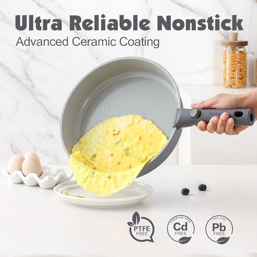 SENSARTE 24 Piece Ceramic Detachable Handle Pots and Pans Set Gray | Ceramic Cookware Set, Induction Cookware Set with Removable Handle, Healthy Non Stick for RV, Dishwasher ＆ Oven Safe - color: Gray, size: 24 Piece