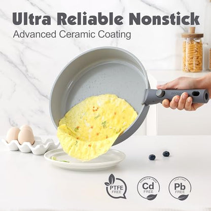 SENSARTE 24 Piece Ceramic Detachable Handle Pots and Pans Set Gray | Ceramic Cookware Set, Induction Cookware Set with Removable Handle, Healthy Non Stick for RV, Dishwasher ＆ Oven Safe - color: Gray, size: 24 Piece