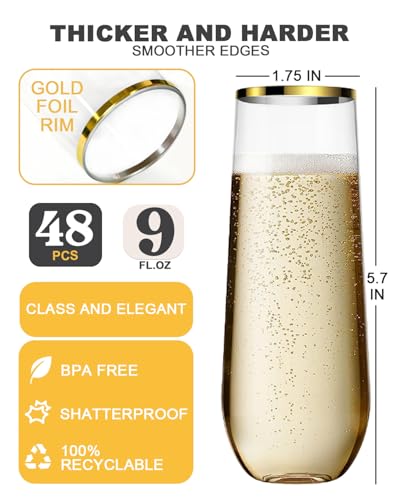 Maaacute 48 Pack Plastic Champagne Flutes, 9 Oz Disposable Mimosa Glasses | Stemless Champagne Glasses, Clear Plastic Cocktail Cups, Gold Rimmed Cups for Party Bridal Shower Mimosa Bar - color: Gold-48 Pack