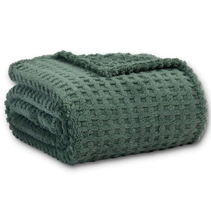 Soft Cozy Fuzzy Fleece Queen Size Blanket, Waffle Bronze Green, 90x90 Inches – Lightweight, Fluffy, and Warm 3D Jacquard All-Season Blanket for Bed, Couch, Sofa, Camping, and Travel - color: Waffle Bronze Green, size: Queen (90" x 90")