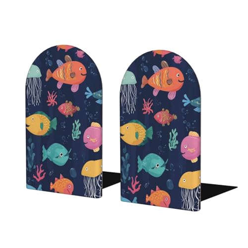 Cartoon Sea Animal Fish Wooden Bookends for Shelves Decorative Book Ends Universal Book Organizer Holder for Office, Heavy Books, Vinyl Records - color: Cartoon Sea Animal Fish