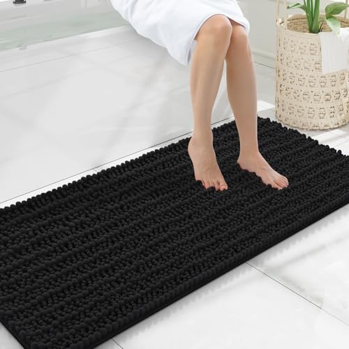 Smiry Bathroom Rugs 47X20, Extra Soft Rubber Backing Chenille Bath Mats | Black Machine Washable Non Slip Quick Dry Bath Mats for Bathroom Floor, Tub, Shower, Home Decor Accessories - color: Black, size: 47'' X 20''
