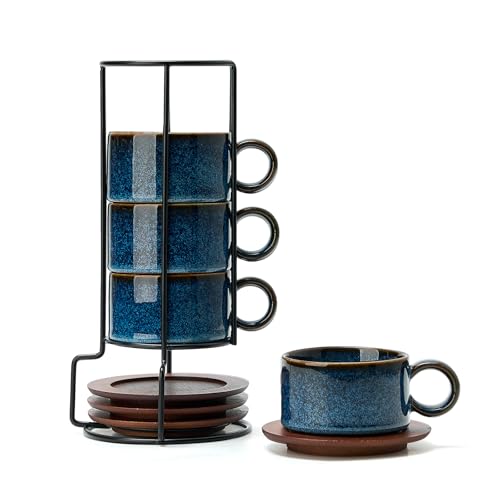 LUKA 6 Ounce Porcelain Stackable Espresso Cups with Saucers and Metal Stand Set of 4, Ceramic Cappuccino Cups Set for Specialty Coffee Drinks, Latte, Cafe Mocha and Tea, Reactive Blue - color: Reactive Blue