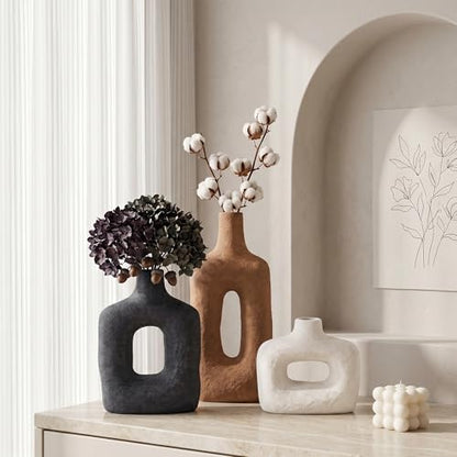 DREAMLOOM Ceramic Vase Set of 3, Black, Rust | Square Cutout, Farmhouse Rustic, Wabi-Sabi, Home Decor, Living Room Bedroom Kitchen Shelf Centerpiece - color: Rust Red Combo - Hollow Design