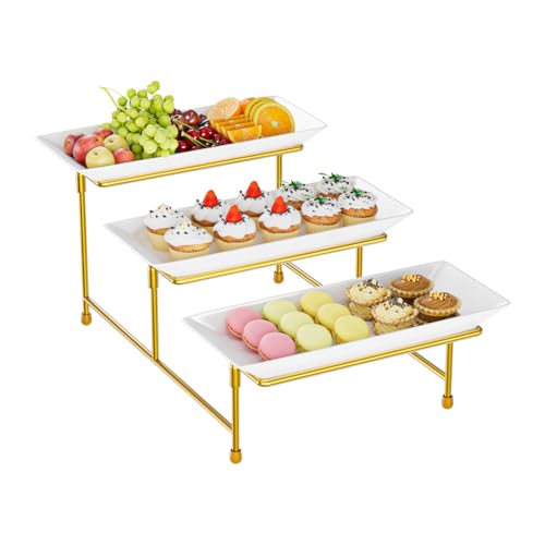 Abiglifty 3 Tier Serving Tray, 12'' Steel Stand, Tiered Platter, Gold | 3-Tier Stand. Steel Frame, Sturdy & Stable. For Cookies, Veggie, Dessert & Fruit. For Parties, Weddings & Holidays. - color: Gold, size: 12" x 11.6" x 8.7"