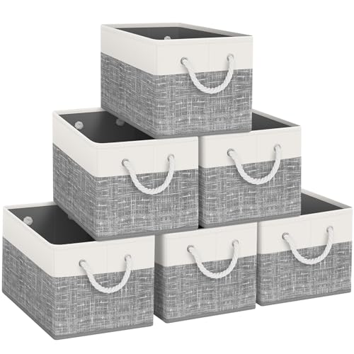 Storage Bins 6-Pack, Foldable Storage Baskets for Organizing Toys, Books, Shelves, Closet, Large Storage Box with Rope Handles, Sturdy Organizer Bins, White & Grey - color: White & Grey, size: 6pack