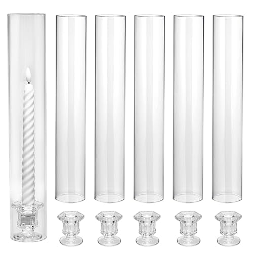 CHILL RECIPE Hurricane Glass Candle Holders-Set of 6 Tall Taper Candle Holder with 14” Tall Clear Cylinder Covers for Wedding Table Centerpiece Home Decor (Diamond Base+Clear Chimney) - color: Diamond, size: 14Inch (6Pcs)