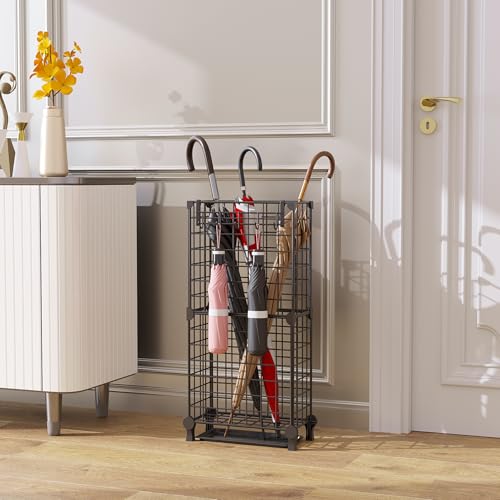 AWTATOS Umbrella Holder Entryway, Umbrella Stand Freestanding, Black | Metal Square Umbrella Rack Organizer with a Removable Drip Tray, Hooks - color: Black