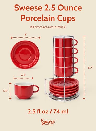 Sweese 2.5 Ounce Porcelain Stackable Espresso Cups with Saucers and Metal Stand Set of 4, Red - color: Red, size: 2.5 Ounces
