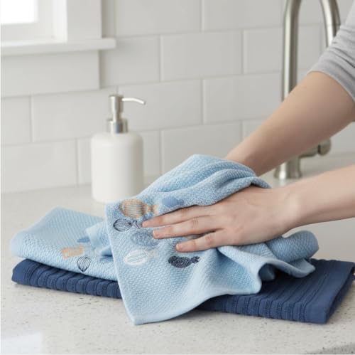 Coastal Kitchen Towels- Set of 3 Blue 100% Cotton Embroidered Whimsical School of Fish Design - 16 x 26 Multipurpose Towels for Everyday Use - color: School of Fish