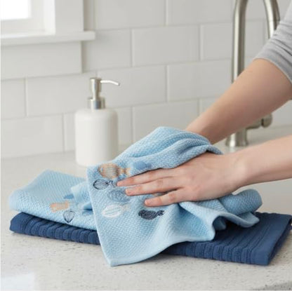 Coastal Kitchen Towels- Set of 3 Blue 100% Cotton Embroidered Whimsical School of Fish Design - 16 x 26 Multipurpose Towels for Everyday Use - color: School of Fish