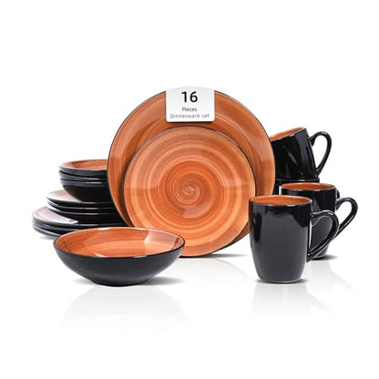 HomeVss, Sonoma Stoneware 16pc Dinnerware Set, Outside Black + Inside Hand Painting Color Spice - color: Spice