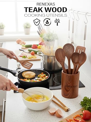 Kitchen Utensils Set, 12 Piece Teak Wooden Utensil Set for Cooking, Premium Teak Cooking Utensils, Non Toxic Wooden Spoons & Spatulas, Heat Resistant Kitchen Tools for Nonstick Cookware