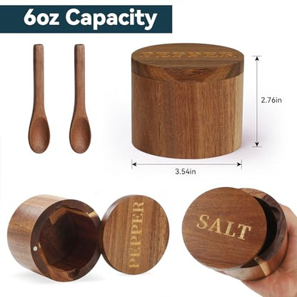 Salt Cellar, Elegant Salt and Pepper Set, 2PCS Acacia Wood Salt Container with Built-in Spoon & Swivel Lid, Engraved SALT & PEPPER Box, Salt Holder for Countertop Seasoning Storage - color: Acacia Wood SALT and PEPPER Set