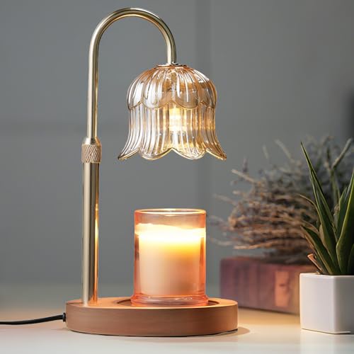 CRMILL Candle Warmer Lamp with Timer: Adjustable Dimmable Height Adjustable Warming - Flower Shape Wax Lamp Jar Candles No Flame Modern Home Decor Table Lights - Home Living Bedroom - color: Amber-electroplatedgoldplating