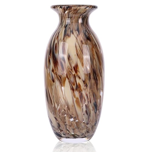 Hand Blown Glass vase, Amber Colored Wide Mouth vase, Modern Glass Art Decoration Suitable for Living Room Dining Table centerpieces, Offices, bathrooms, Coffee Tables, and entryway Decor. - color: A-amber