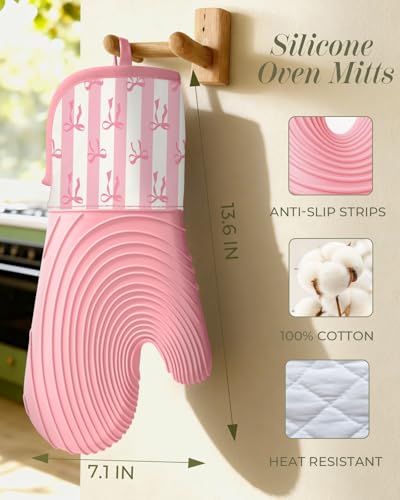 Slohif Long Silicone Oven Mitts Heat Resistant for Women - 2 Pcs Pink Bow 100% Cotton Oven Gloves, Non-Slip and Waterproof Silicone Oven Mitts with Hanger for Baking and Cooking - color: Pink