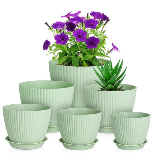 Meowell 7/6.2/5.5/5/4.5/4 inch Plant Pots, 6 Pack Flower Pots for Small Indoor Outdoor Plants, Plastic Planters with Drainage Holes and Saucers for Garden Succulent House Plants, Green - color: Green-6 Pack