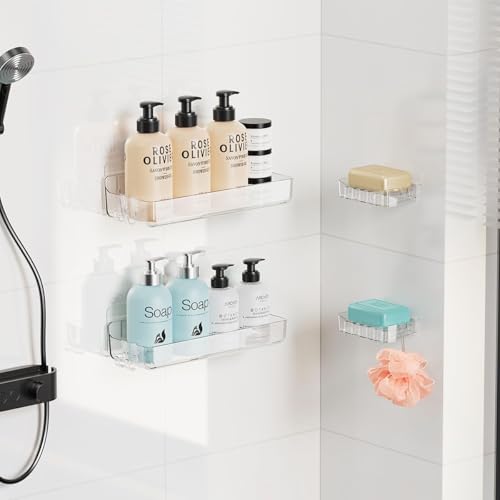 Crystal-Clear Shower Caddy with Soap Dish & Adhesive Pads, 2 Pack | Acrylic Wall Mounted Shower Shelves for Bathroom Organizers and Storage, No Drill for Bathroom Decor