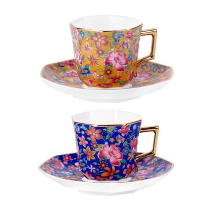 KAMMAK Tea Cup and Saucer, Ceramic Coffee Cups, 4.4 oz, Set of 2 | Porcelain Tea Cups with Saucers for Coffee and Cappuccino, Ideal for Breakfast, Afternoon Tea and Entertaining,647+648N - style: 647N+648N