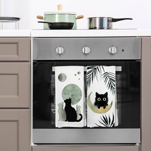 Boho Black Cat Kitchen Towels Set of 4, Sage Green Mid Century Modern Abstract Botanical Decorative Hand Towel for Bathroom, Black Cat Gifts Dish Tea Towels for Kitchen Decor, 16x24 Inch