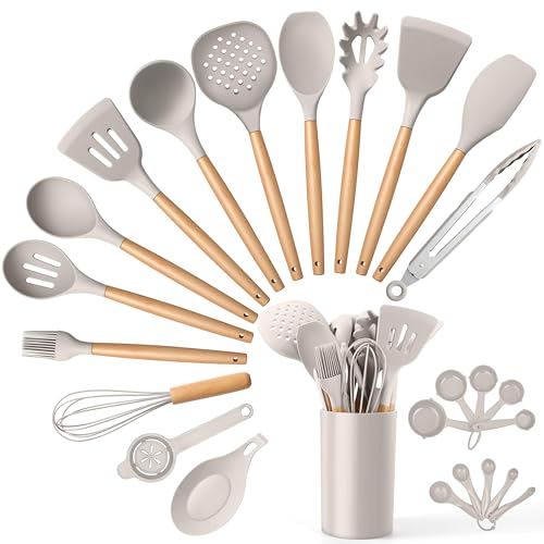 E-far Silicone Kitchen Utensils Set with Holder, 25-Piece Cooking Utensil Set with Wooden Handle for Nonstick Cookware, 446°F Heat Resistant Kitchen Tool Spatula Tong Whisk, Non-toxic & Healthy, Khaki - color: Khaki, size: 25