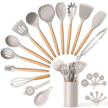 E-far Silicone Kitchen Utensils Set with Holder, 25-Piece Cooking Utensil Set with Wooden Handle for Nonstick Cookware, 446°F Heat Resistant Kitchen Tool Spatula Tong Whisk, Non-toxic & Healthy, Khaki - color: Khaki, size: 25