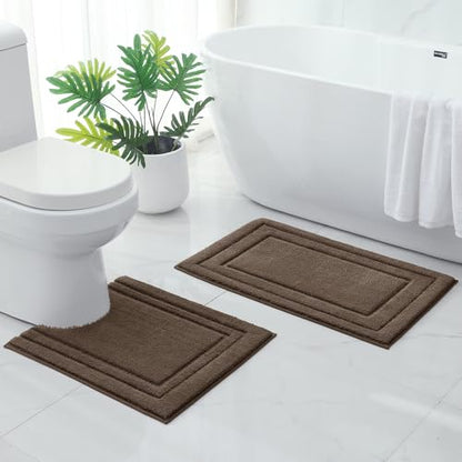 HOMEIDEAS Bathroom Rugs Sets 2 Piece, Super Soft and Absorbent Non Slip Microfiber U-Shaped Toilet Bath Mat Set (20"x32"+U20 x24, Brown) - color: Loop- Brown, size: 1'8" x 2'8" (20"x32"+U Shape 20"x24")