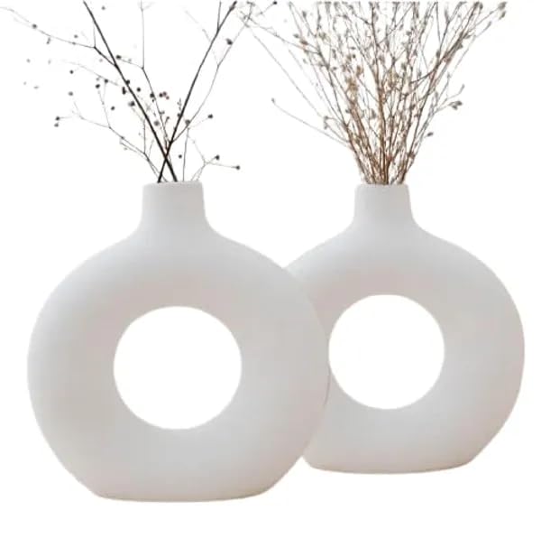 Handcrafted Ceramic Minimalist Vase, Donut Round Shape, Pampas Grass, Floral Holder, Modern Decor, Pair of 2