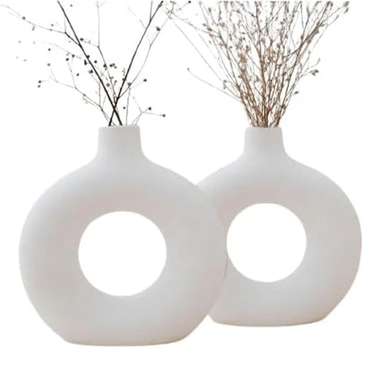 Handcrafted Ceramic Minimalist Vase, Donut Round Shape, Pampas Grass, Floral Holder, Modern Decor, Pair of 2