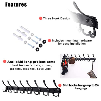 Coat Rack Wall Mount - 29.5” Long 8-Tri-Hooks Heavy Duty Coat Hanger Rail Wall Hooks for Hanging Coats Hats Clothing Clothes Purse Mudroom Entryway, Black, Pack of 2 - color: Black, size: L=29.5” (2 Pcs)