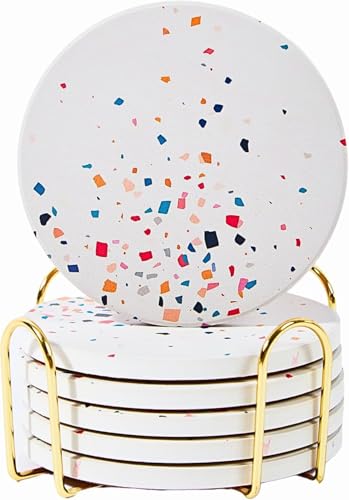 Terrazzo Coasters Set of 6, Colorful Boho Absorbent Ceramic Coasters | Speckled terrazzo drink coasters for coffee table & desk; moisture-absorbing stone, boho home decor, housewarming gift - color: Colorburst