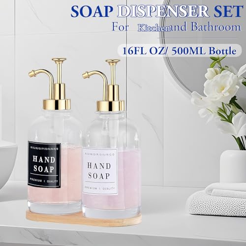 Dish and Hand Soap Dispenser, Set of 2 * 16.9oz | Glass Soap Dispenser with Pump,Tray,Funnel,500ML Countertop Soap and Lotion Dispenser for Kitchen, Bathroom Set - color: Ks-5010-34y-2g