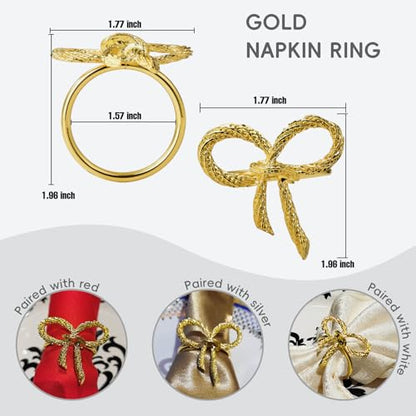 Gold Bow Napkin Rings Set of 4, Shiny Bow Style Holders | Classic bowknot design with polished gold finish adds elegance to Christmas, Thanksgiving, holidays and dinner parties.