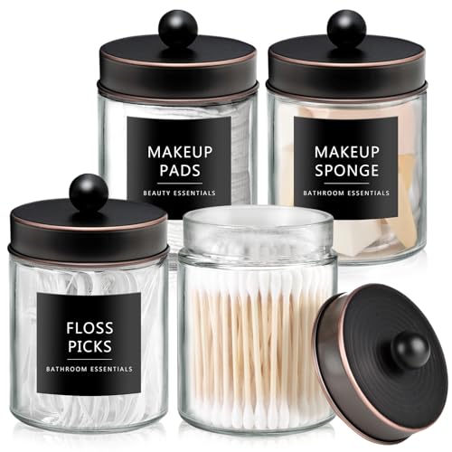 SheeChung 4 Pack Glass Qtip Holder with ORB Stainless Steel Lids | Apothecary Jars with Stickers, Modern Farmhouse Bathroom Vanity Organizer for Cotton Swabs, Balls, Pads (Oil Rubbed Bronze) - color: Oil Rubbed Bronze, size: 4 pack