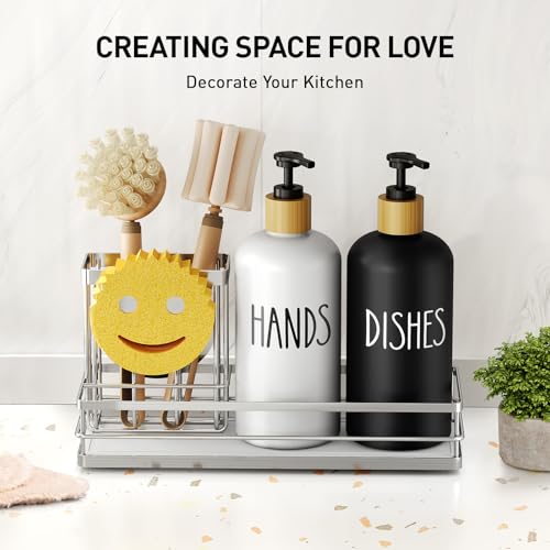 Moforoco Kitchen Dish Soap Dispenser Set, 16OZ Glass Bottle, Hand and Dish Soap Dispenser Set, Instant Dry Tray, Brush Holder with Smiley Face Sponge Holder (Silver Tray+Black&White Bottle) - color: Silver Tray+black&white Bottle