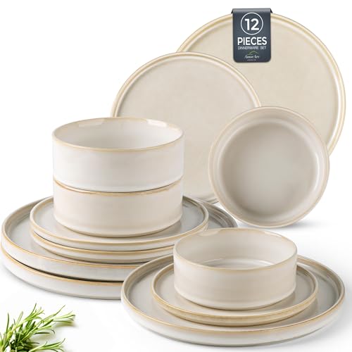 AmorArc Ceramic Dinnerware Sets for 4,12 Piece Plates and Bowls Sets Dishes | Stoneware Handmade Reactive Glaze Dishes Set | Highly Chip and Crack Resistant | Dishwasher & Microwave Safe - color: Vanilla White, size: Service for 4