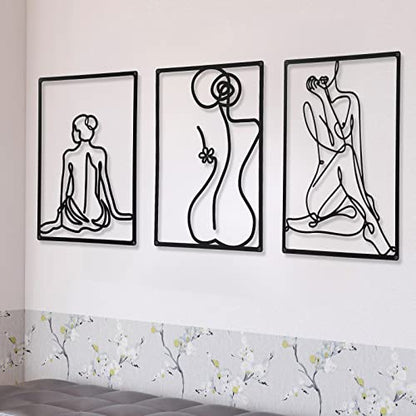 CHENGU 3 Pieces Metal Minimalist Abstract Woman Wall Art Line Drawing Wall Art Decor Single Line Female Home Hanging for Kitchen Bathroom Living Room - style: Body Style