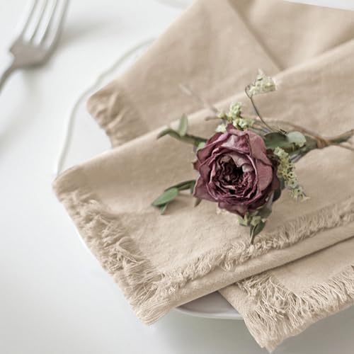 Handmade Cloth Napkins 100% Cotton Napkins with Fringe，Delicate Handmade Cloth Napkins for Dinners, Parties, Weddings and More，18 x 18 Inch Set of 4 - Beige - color: Beige